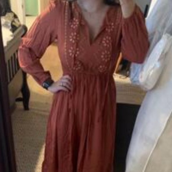 burnt Orange Flower Embroidered Ruffle Hem Dress - Picture 7 of 7